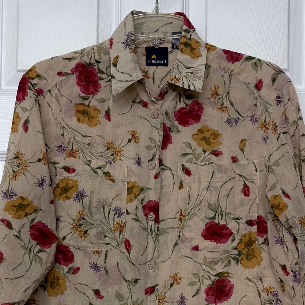Liz Sport Vintage Button Front Floral Long Sleeve Top Sz S - Picture 2 of 4